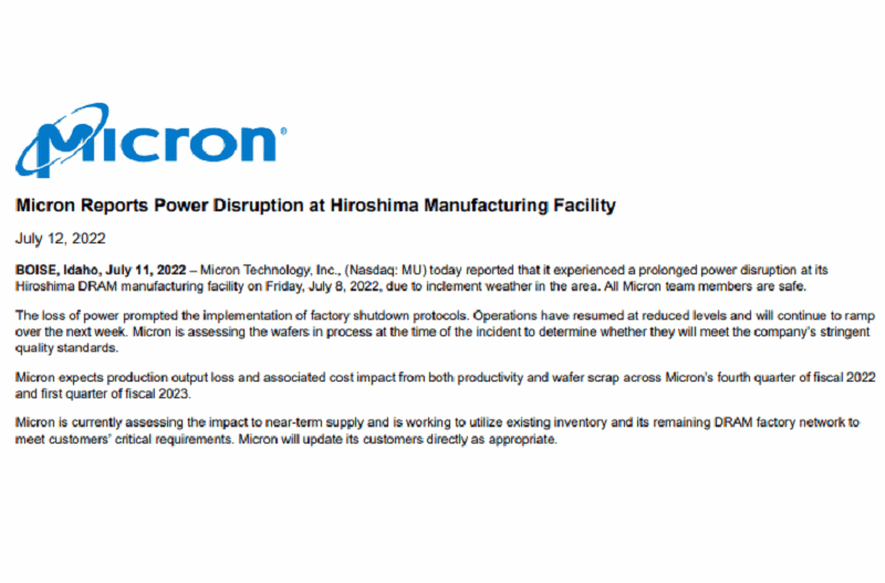 天气恶劣致美光DRAM工厂停电、瑞萨MCU厂停工-芯城品牌采购网
